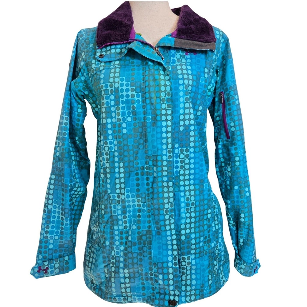 Under Armour Women S Teal Blue Geometric Dot Print Hooded Ski Jacket Pockets
